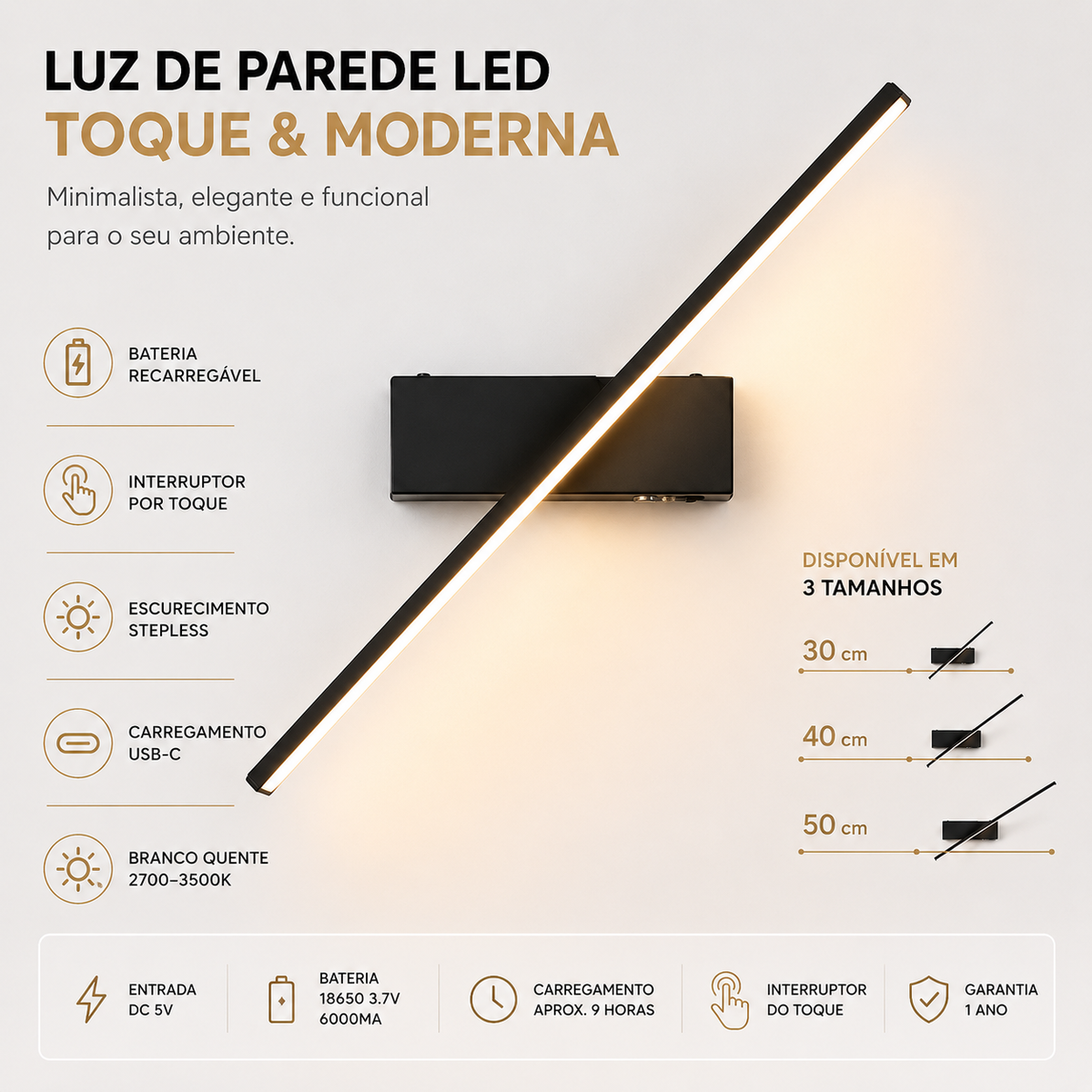 Arandela Lume LED Recarregável com Controle por Toque