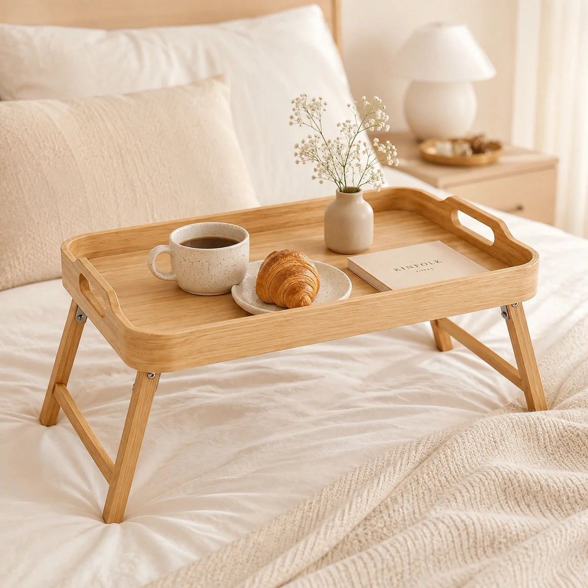 Bandeja de Cama Liria em Madeira Natural com Pés Retráteis