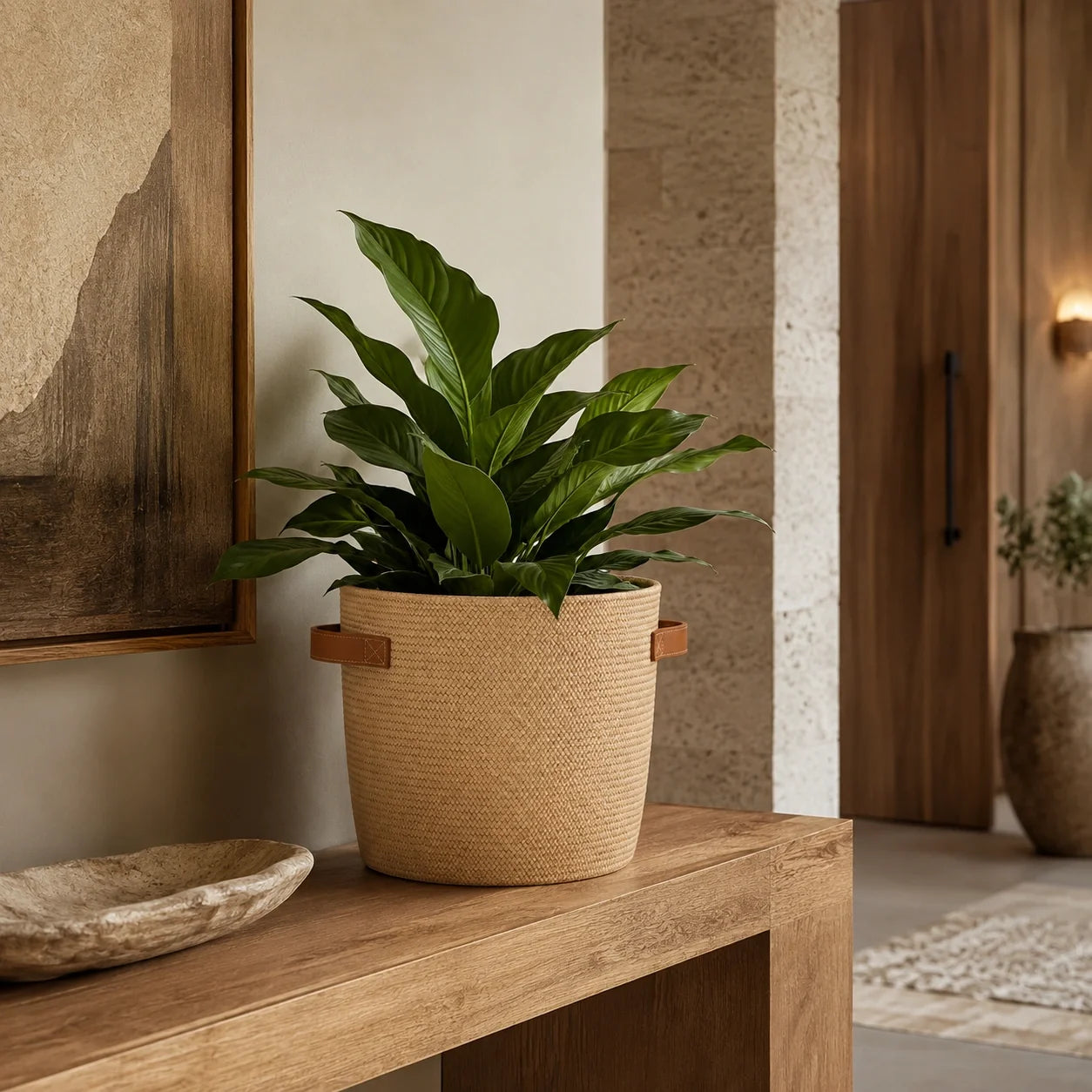 Cachepot Iara em Fibra Natural e Couro Caramelo