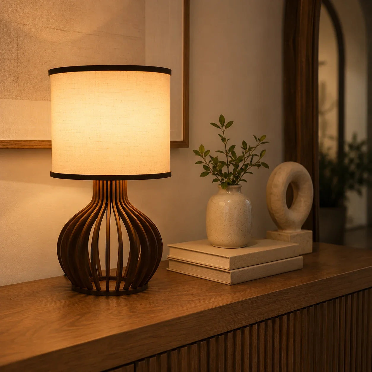 Luminária de Mesa Amélie em Madeira Imbuia e Tecido