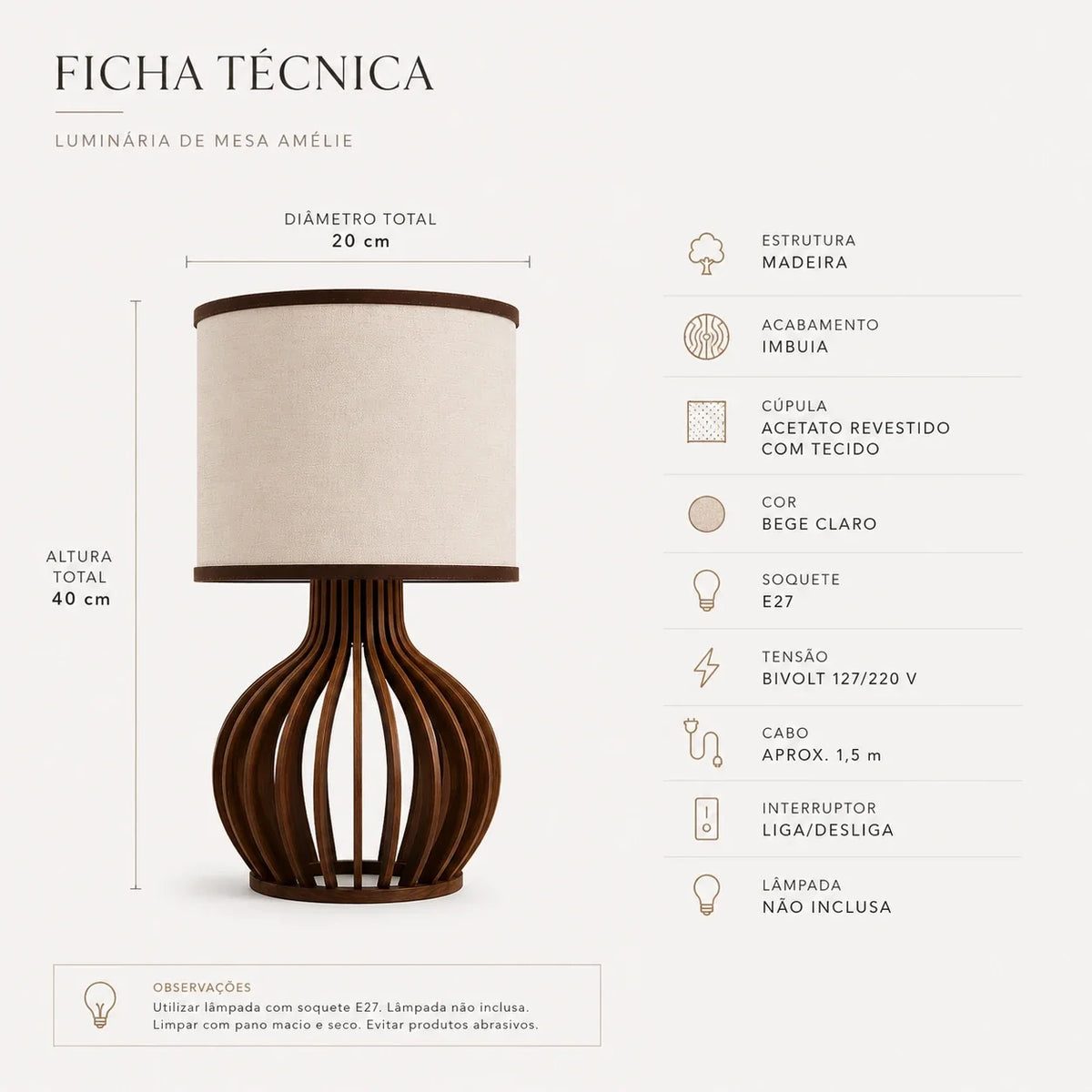 Luminária de Mesa Amélie em Madeira Imbuia e Tecido