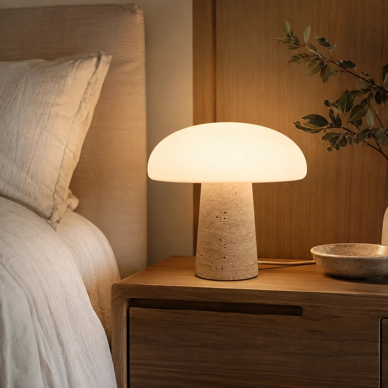 Luminária de Mesa Cala em Travertino Natural e Vidro Opalino