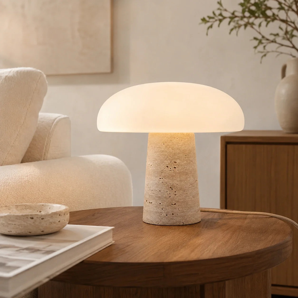 Luminária de Mesa Cala em Travertino Natural e Vidro Opalino