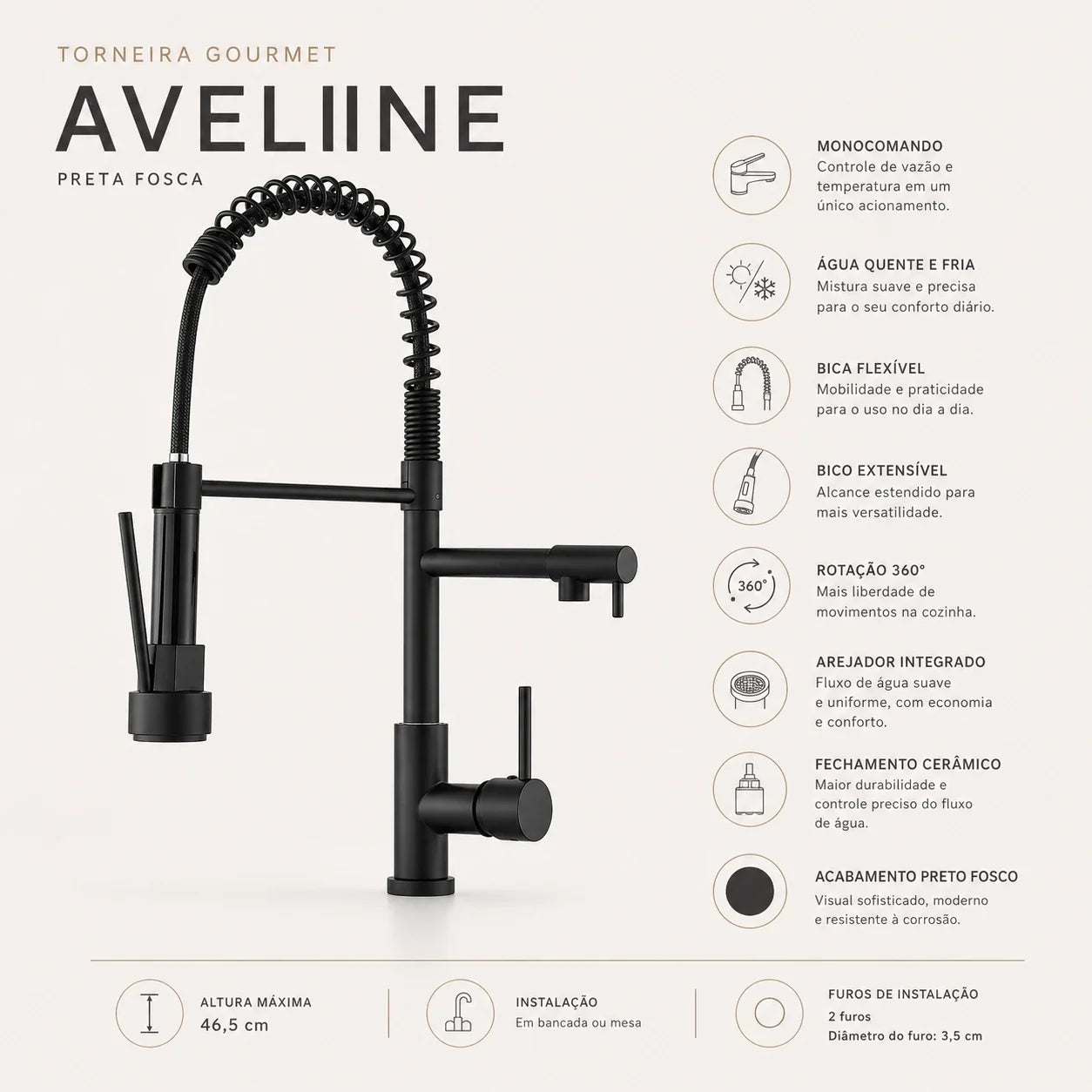 Torneira Gourmet Monocomando para Cozinha Aveline Preta com Bica Flexível