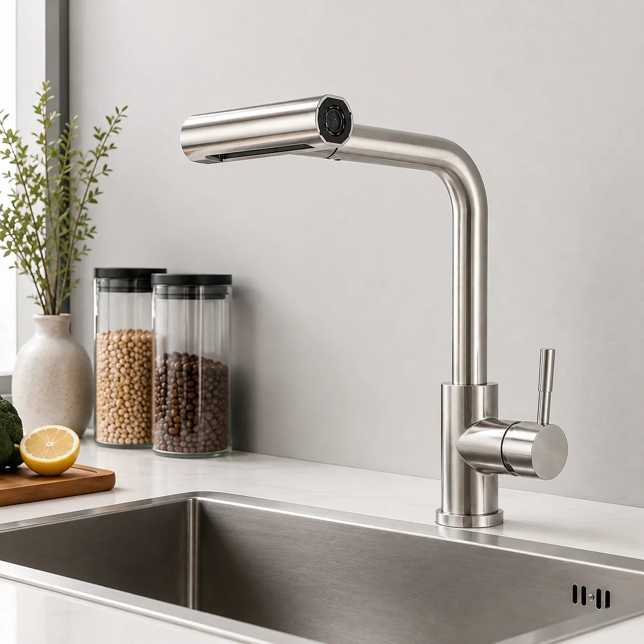 Torneira Gourmet Monocomando para Cozinha Évora em Inox 304 com Ducha Extensível e 4 Jatos