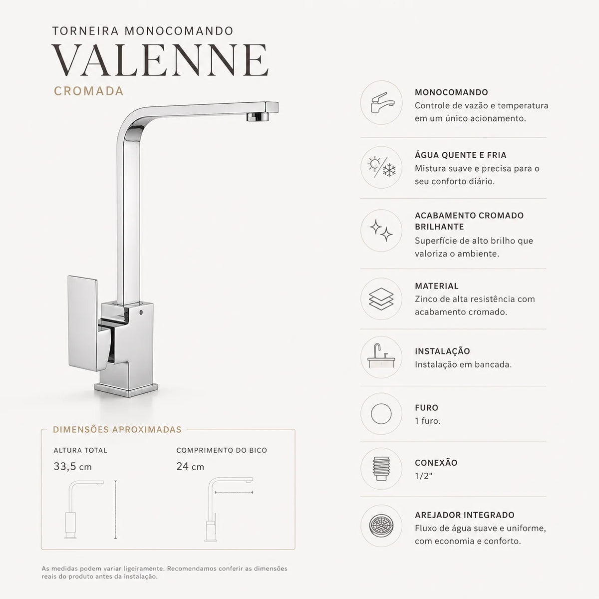 Torneira Monocomando para Cozinha Valenne Cromada Quente e Fria