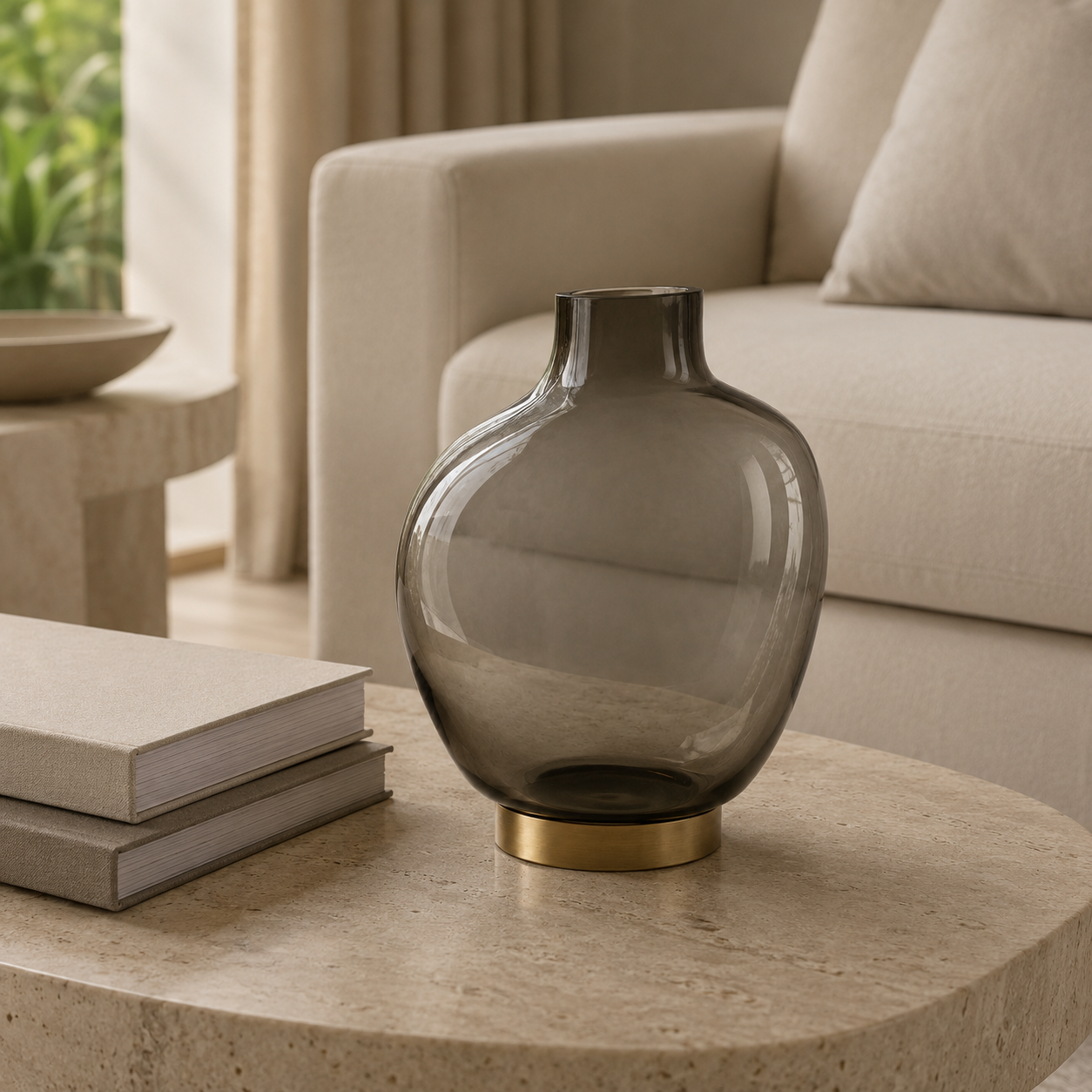 Vaso Sienne em Vidro Fumê com Base em Latão