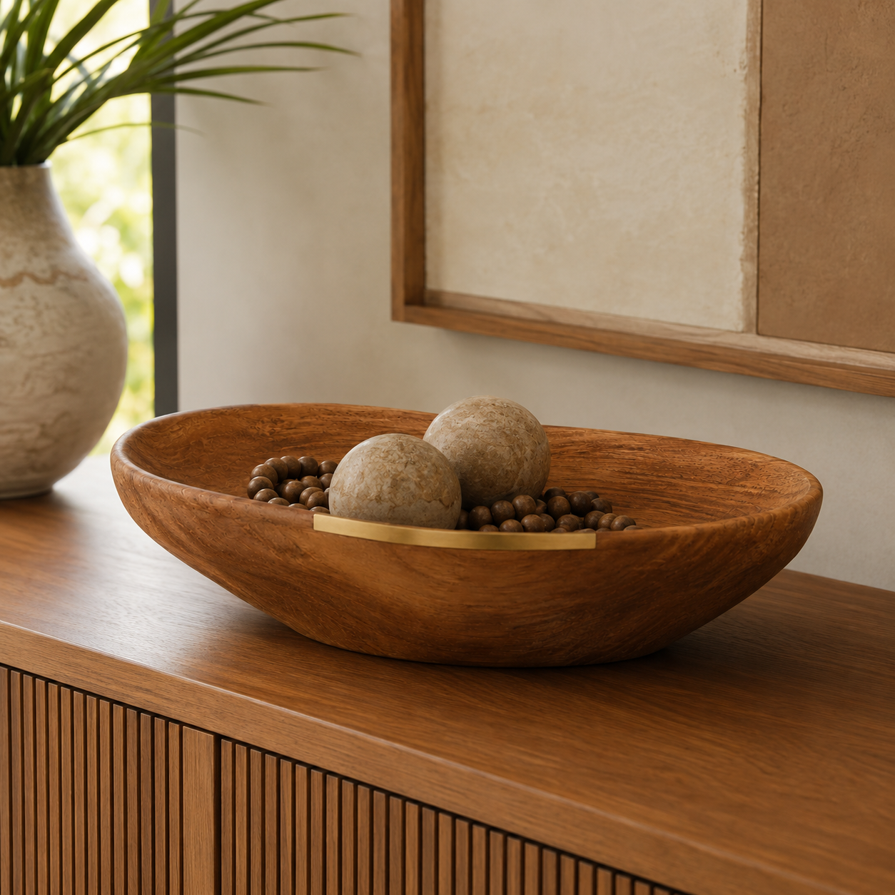 Bowl Decorativo Aruã em Madeira Natural e Latão Escovado