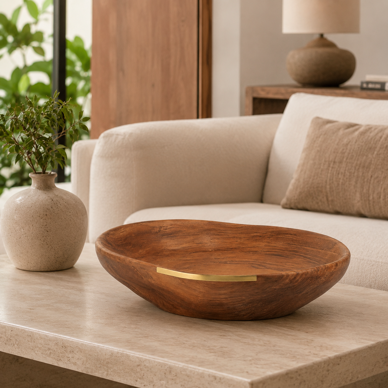 Bowl Decorativo Aruã em Madeira Natural e Latão Escovado