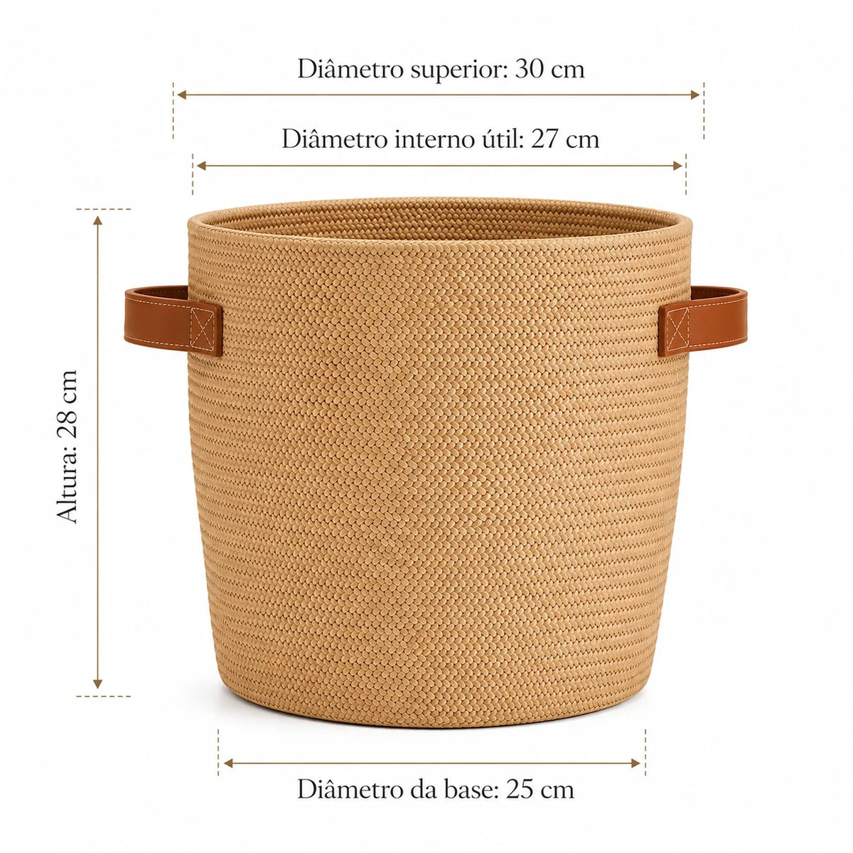 Cachepot Iara em Fibra Natural e Couro Caramelo