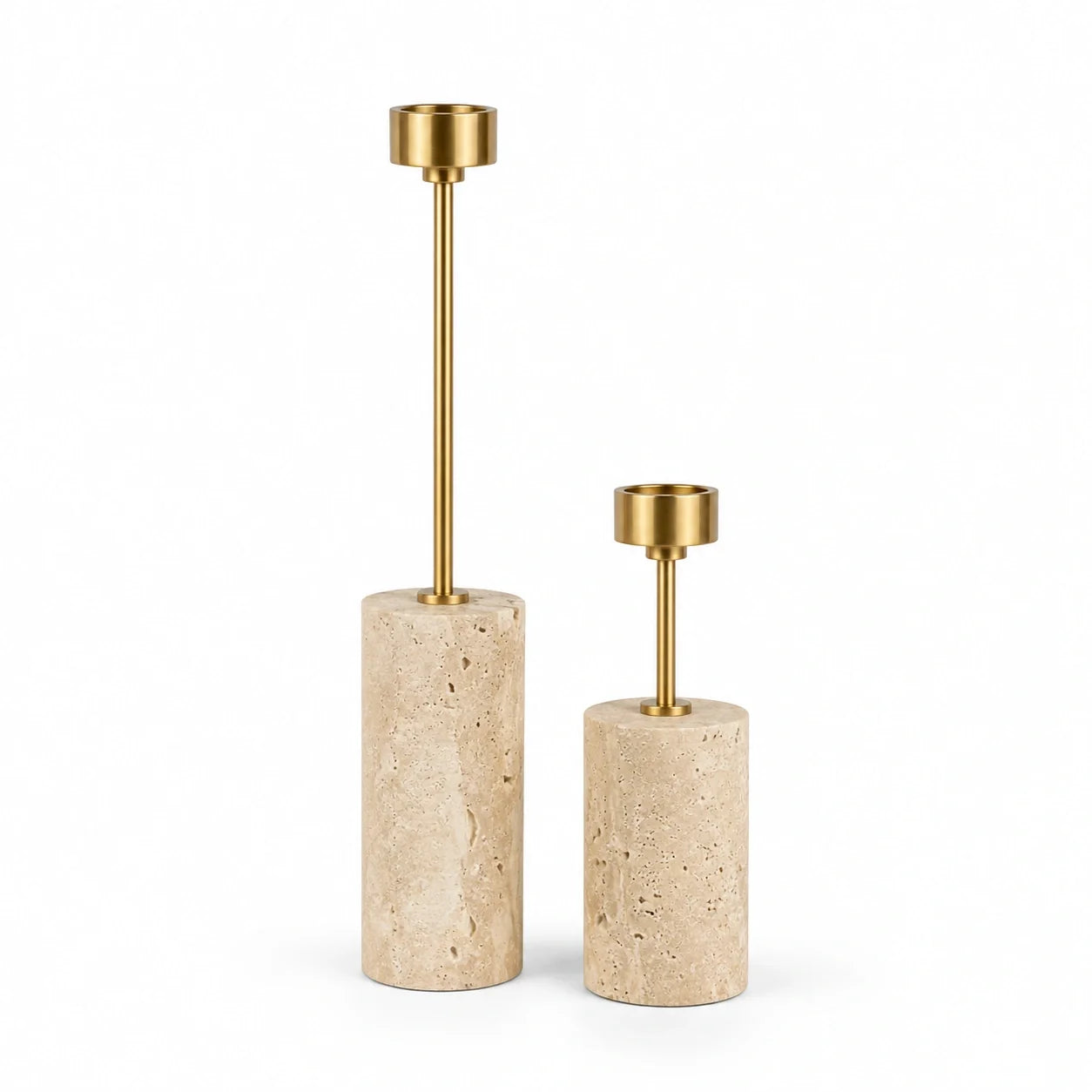 Conjunto de Castiçais Élodie em Travertino e Metal Dourado