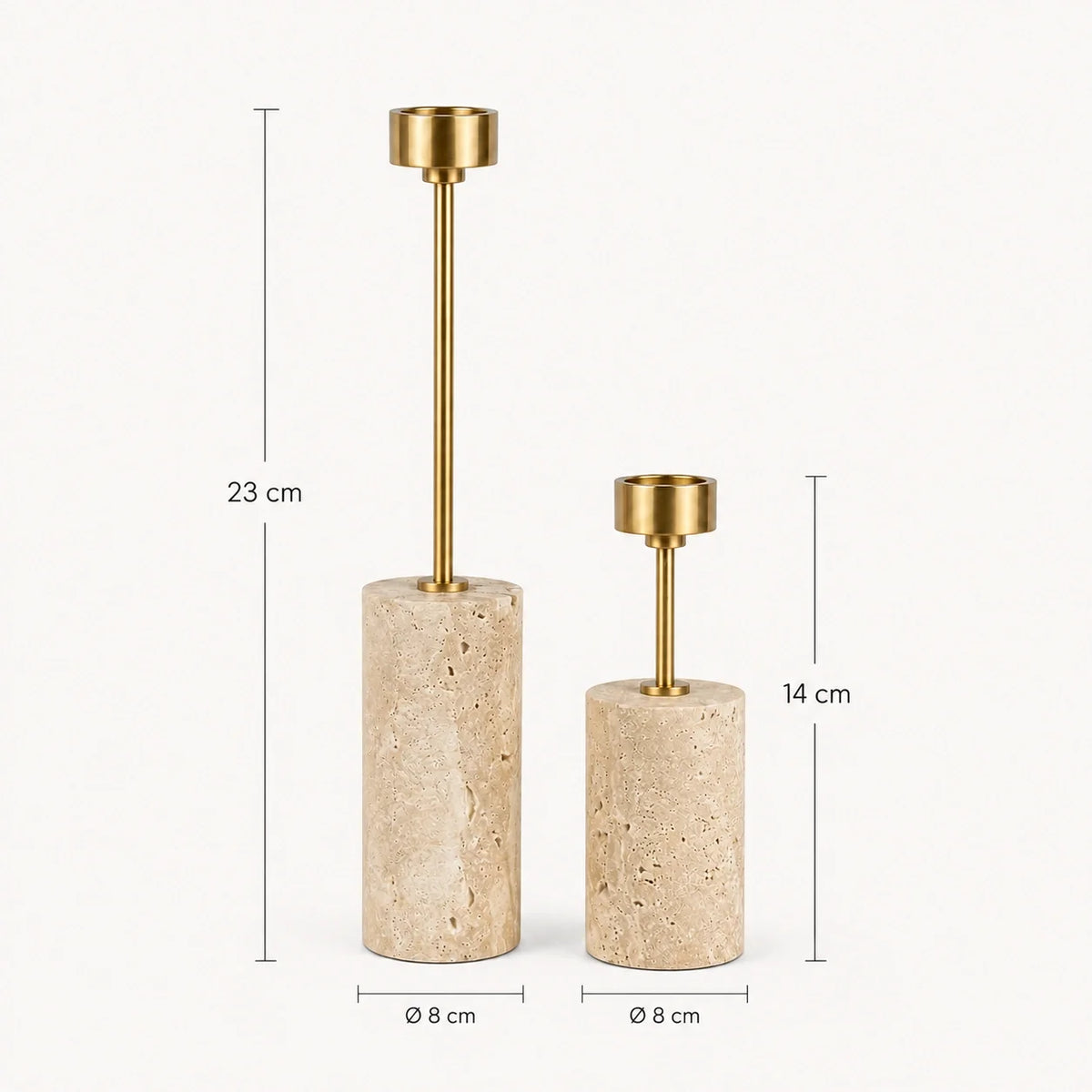 Conjunto de Castiçais Élodie em Travertino e Metal Dourado