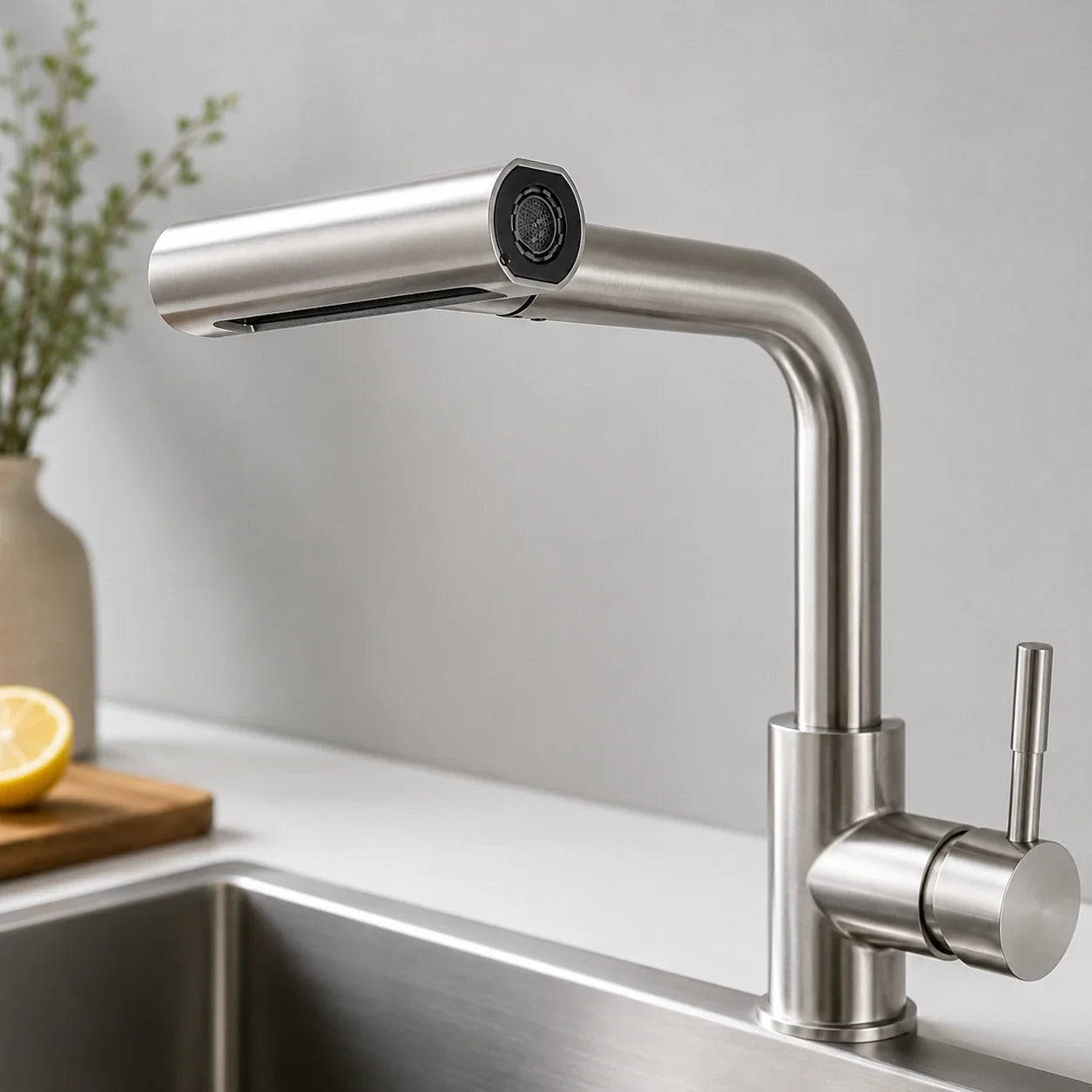 Torneira Gourmet Monocomando para Cozinha Évora em Inox 304 com Ducha Extensível e 4 Jatos