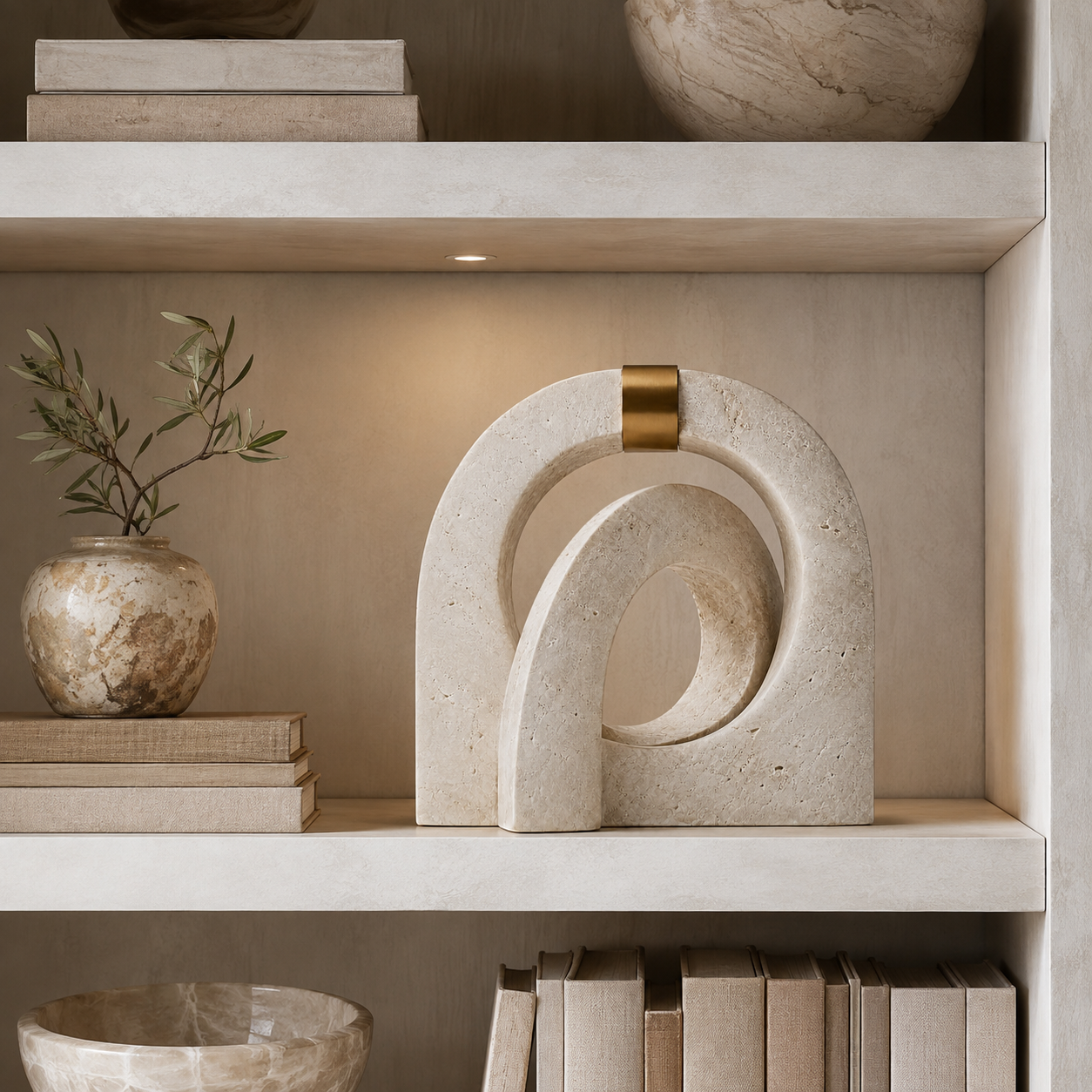Escultura Aurèle em Travertino com Detalhe em Latão