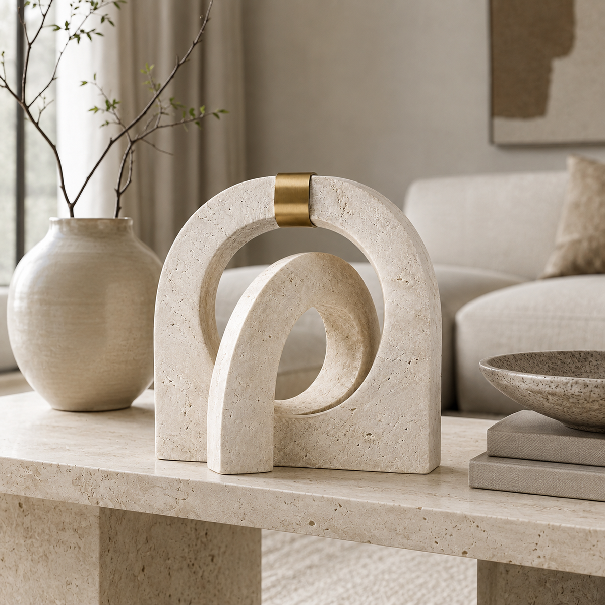 Escultura Aurèle em Travertino com Detalhe em Latão