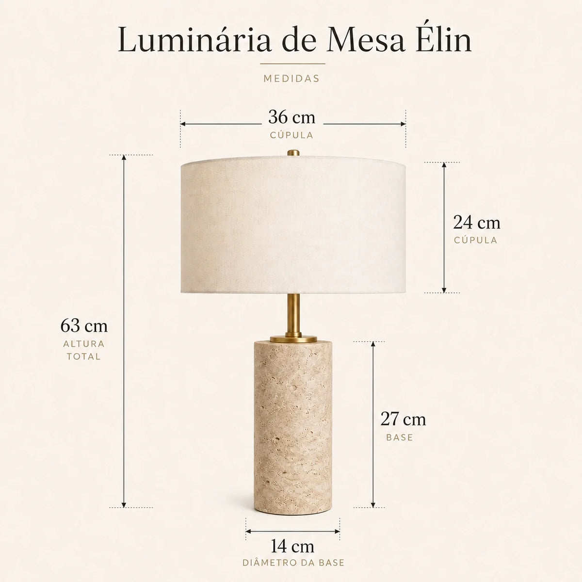 Luminária de Mesa Élin em Travertino e Linho