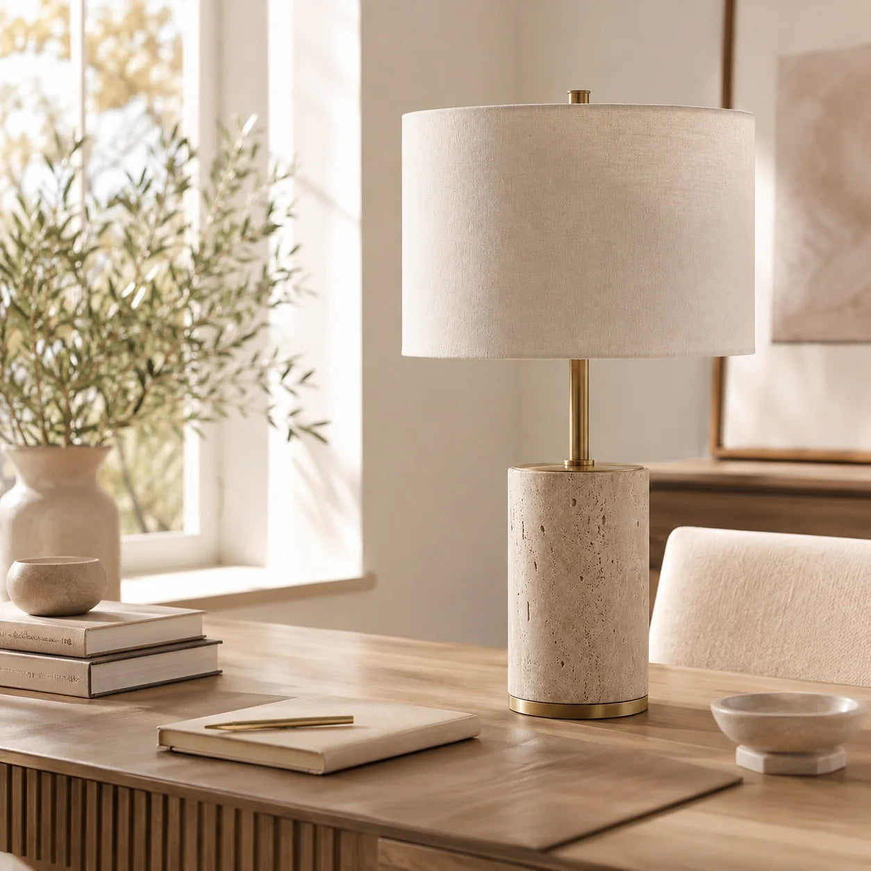Luminária de Mesa Élin em Travertino e Linho