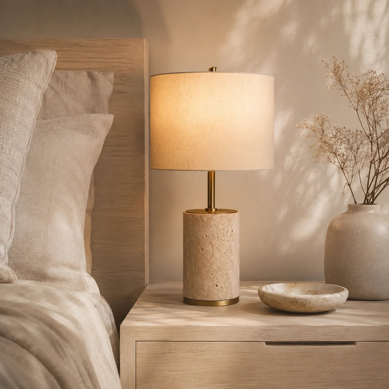 Luminária de Mesa Élin em Travertino e Linho