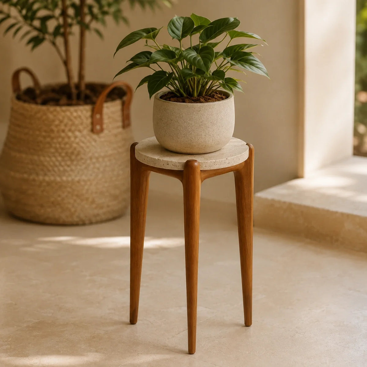 Suporte para Plantas Ayla em Madeira Freijó e Travertino