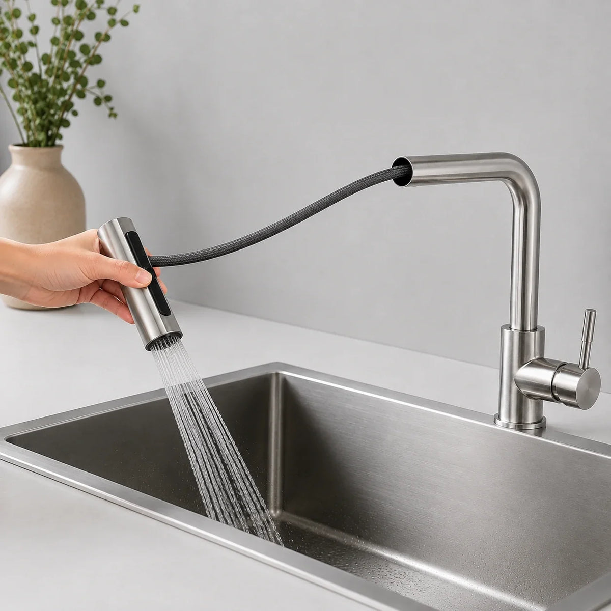 Torneira Gourmet Monocomando para Cozinha Évora em Inox 304 com Ducha Extensível e 4 Jatos