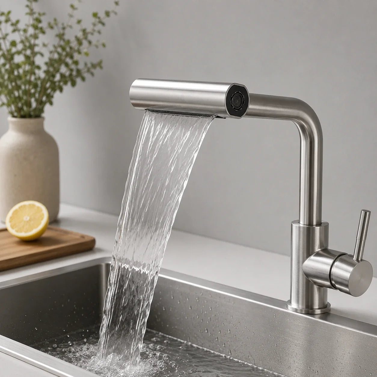 Torneira Gourmet Monocomando para Cozinha Évora em Inox 304 com Ducha Extensível e 4 Jatos